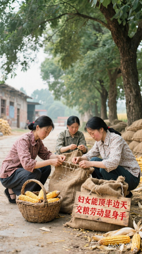 这是一幅充满怀旧氛围的全景画面。在粮站西侧茂密的树荫下，三位妇女蹲在地上，她们的手指灵活地穿梭在麻袋的缝隙间，专注地进行着修补工作。她们的膝盖上各自放着一个装满玉米的柳条筐，筐边醒目地别着一块木牌，上面用红色颜料清晰地书写着 “妇女能顶半边天 交粮劳动显身手” 的标语，仿佛在向过往的行人宣告着她们在农业生产中的重要地位和自豪