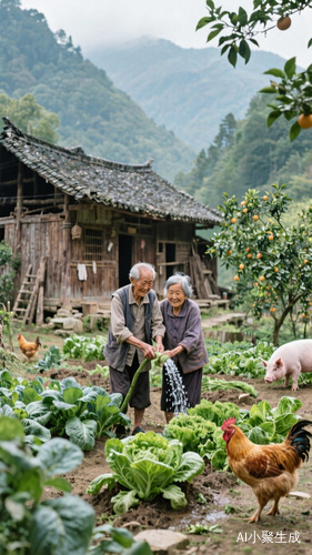 中国传统深山木质建筑，老两口相依为命，居住在山里，种菜，浇水，打理果园，喂鸡养猪