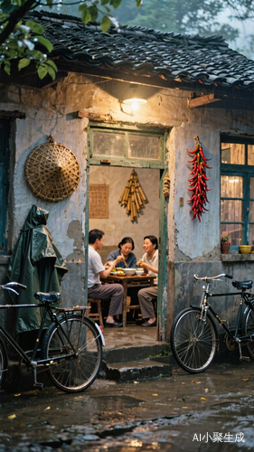 中国80年代的一个小屋,小屋亮着灯,门前一家人正围坐在一起吃饭,门口停着两辆自行车,28大杠,房子的墙上挂着辣椒,竹子编的的雨衣