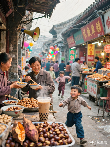 80年代那烟火气可太足啦！大街小巷摆满小吃摊，烤红薯、糖炒栗子香飘老远。邻里间总爱端着碗串门唠嗑，孩子在胡同里疯跑嬉闹。商场里五光十色，喇叭里放着流行歌。那感觉，就像一杯热乎甜美的奶茶，暖到心窝啦！
