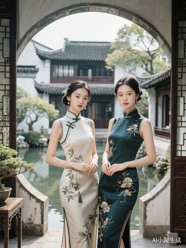 生成两个新中式绝色美女,背景民国最高级苏州园林别墅,装饰仿现代