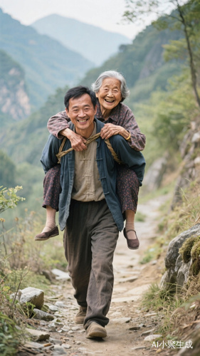 山间小路，一位中国的中年男子背上驮着年迈母亲缓缓向前走。真是一位孝顺的儿子，继承了中国传统美德孝顺，这位老妈妈脸上含着笑容，多么的幸福啊