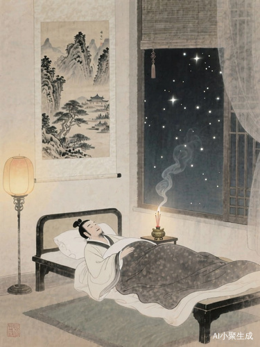 水墨画风格图片，唐朝古人，躺在床上，旁边点着香炉，窗外星光闪烁，墙上挂着一幅山水画，室内灯光柔和。