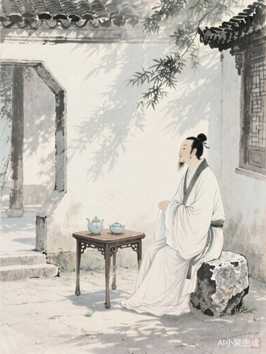 水墨画风格图片，唐朝古人，坐在庭院里的石凳上，旁边有一张小桌子，桌上放着茶具，午后的阳光洒在身上，微风轻轻吹动衣袖。