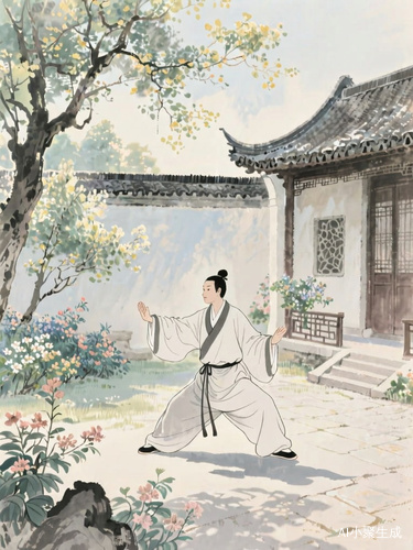 水墨画风格图片，唐朝古人，正在庭院里打太极，动作缓慢而优雅，周围种着花草树木，阳光明媚，微风轻拂。