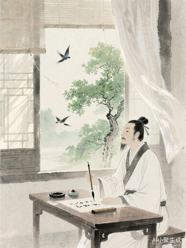 水墨画风格图片，唐朝古人，坐在窗前的桌旁，桌上放着笔墨纸砚，窗外有绿树和飞鸟，微风轻轻吹动窗帘，阳光透过窗户洒在桌面上。"