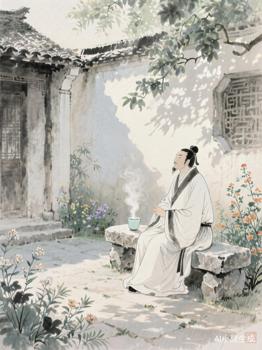 水墨画风格图片，唐朝古人，坐在院子里的石凳上，旁边有一杯温水冒着热气，周围种着花草，阳光透过树叶洒下斑驳的光影。"
