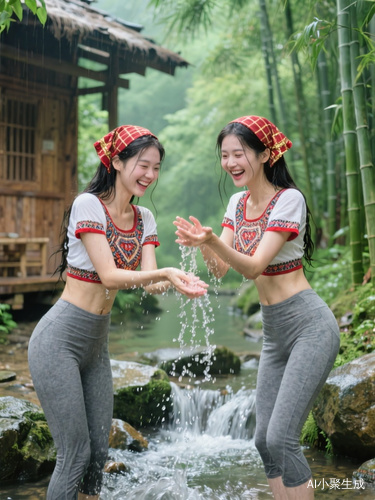 精致的木屋，庭院，竹林，溪水潺潺，石头缝隙的水缓缓流淌，绿意盎然，凉爽，绿色背景，精致细节，治愈，意境，高清摄影，两个绝色佳人双胞胎姐妹，1米75，36d杯罩，细腰，全身照，灰色瑜伽裤，白底红边青丝亚麻短上衣（有少数民族特色花纹）暗红金丝格头巾，在互相用手泼水，衣服都湿了，嘻嘻哈哈，迷人表情。