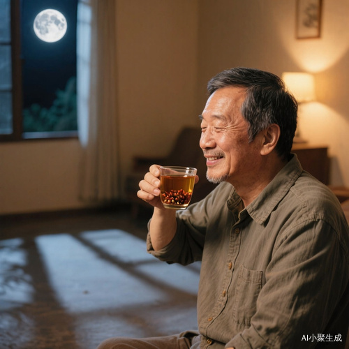中年男子喝下花椒水后，脸上露出舒坦的表情，背景是温暖的房间，窗外有月光洒进来，地上有影子。