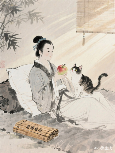 帮我生成水墨画风格图片，唐朝古人，轻抚苹果，旁边有只猫，枕头旁边放着肠鸣轻响的竹简，在晨光熹微时