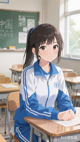 精致妆容身穿天空蓝白运动校服的可爱女孩