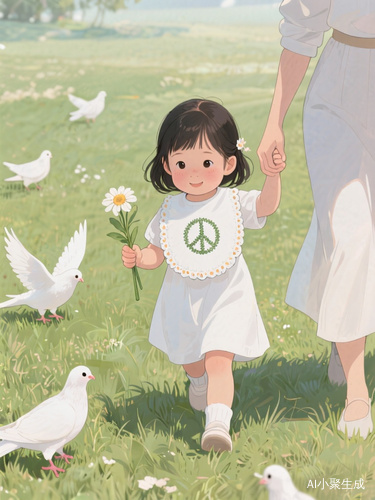三岁中国女孩手握鲜花在草地上与妈妈共度平和时光