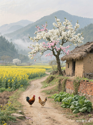 8.远景广角镜头，乡村场景，土路，两只鸡，开着白色和粉色花朵的大树，茅草屋顶土坯房，砖砌矮墙，黄色油菜花田，绿色蔬菜，远处青山，山间薄雾。专业构图，达芬奇大师后期调色