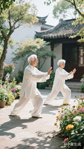 白发老人太极庭院悠然自得