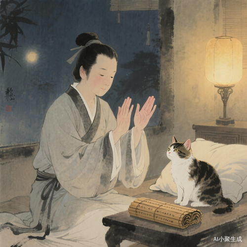 [00:00-00:05] 拍手能稳心阳气，画面呈现双手轻拍的模样。AI绘画提示词：帮我生成水墨画风格图片，唐朝古人，双手轻拍，旁边有只猫，枕头旁放着竹简，在晚上，神情淡然，屋内灯光昏黄。