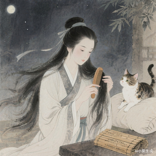 [00:15-00:20] 常梳头，经络得疏通，描绘梳理头发的画面。AI绘画提示词：帮我生成水墨画风格图片，唐朝古人，手持木梳梳理长发，旁边有只猫，枕头旁放着竹简，在晚上，动作轻柔，发丝随动作飘动