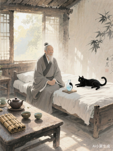 镜头：画面展示清晨阳光洒入房间，一位道家长者端坐床边，旁边放着已准备好的阴阳水。水墨画风格，背景是道家风格的木屋，窗外微光透入，桌上摆放着古朴的茶具和竹简。人物身着道袍，面容和蔼，身旁有只慵懒伸展的黑猫。