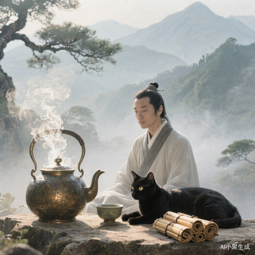镜头：清晨阳光透过薄雾，照亮古铜壶中翻滚的开水。水墨风，背景是远山含黛，松柏盘曲。道长身形清瘦，神情专注，身旁的黑猫安静卧着，茶盏旁边堆放几卷竹简