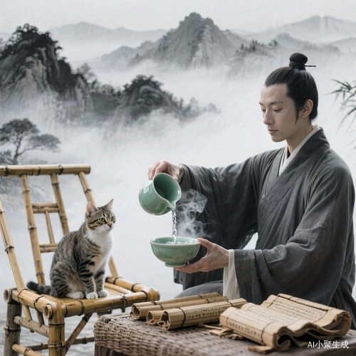 镜头:道长将开水倒入青瓷碗中,水汽袅袅。水墨风格,背景是清淡墨色的山水,云雾缭绕。道长神情庄重,面容清瘦,猫咪安静坐着,竹简散落在一旁的藤椅上。