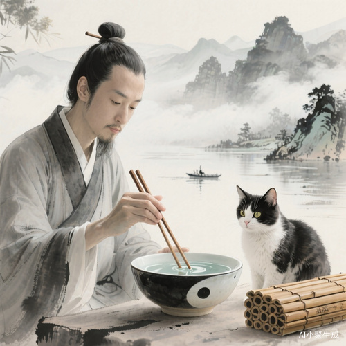 镜头：画面聚焦在道长手中的筷子，轻轻搅动着碗中的阴阳水。水墨画风，背景是远山近水，云雾蒸腾。道长身形清瘦，面容安详，身旁的猫咪目不转睛地看着，竹简整齐码放在一侧。