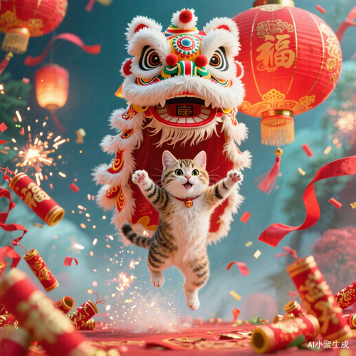 Chinese Cat Jumping Lion in Festive Fantasy with Bright Colors