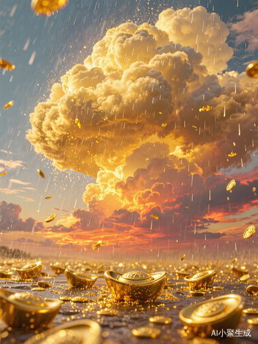 天空中有一大片金色的云,其他地方都是火烧云,金色的云下着金色的雨,金色的雨落到地上,变成了金元宝