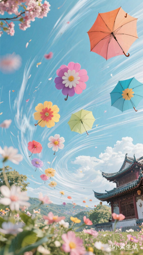 大自然的旋转风景五光十色的雨伞飞上天空