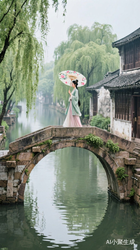 描绘江南水乡的风情,一个小拱桥,上面走着行人一位古代的美女打着一把花伞,桥下有小河河两百有垂柳树和古代的房子,用高清画质展现出来。