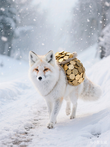 白狐背金币在大雪中缓缓走来