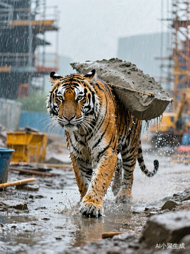 工地上的老虎在雨中背水泥浑身湿透高清4K