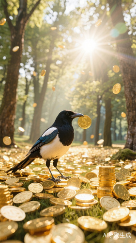 阳光树林中喜鹊叨金币的梦幻场景