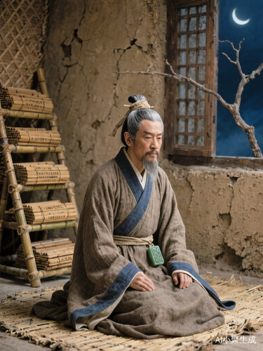 场景构图：司马迁以跪坐姿态居于画面中央，身后夯土墙面肌理斑驳，表面可见竹篾编织纹路与风化裂痕。左侧斜置梯形竹简架，分三层堆叠近百卷简册，部分简牒边缘磨损露出竹纤维。右后方立式木格窗棂间透出深青色夜空，一截虬曲枯枝横斜，弦月冷光在简册表面投下龟甲状格栅阴影。人物细节：司马迁面部呈深麦色，眉弓骨突出形成深邃眼窝，眼角鱼尾纹如刀刻般延伸至鬓角。鼻梁挺直但鼻翼两侧法令纹明显，下颌线条因缺齿稍显松弛。唇色苍白无血色，下巴光洁无任何须根残留。灰白头发以麻布巾扎成椎髻，发际线后移露出宽阔前额，耳际散落数缕银丝。服饰考据：身着右衽曲裾深衣，衣料为粗织苎麻本色，领缘及袖口镶靛青细边（宽度0.8厘米符合马王堆出土实物）。腰间束两指宽葛布带，左侧悬青玉髓印章（参考满城汉墓组佩形制）。曲裾下摆自然铺展于苇席，露出磨损严重的翘头布履，鞋底可见多次修补的葛麻补丁。器物陈设：1. 髹漆松木案几（长120cm×宽60cm×高30cm）表面细密龟裂纹中沁入墨渍，右端置错金云气纹博山炉，炉体高15cm，山形盖镂空处逸出青烟呈螺旋上升。2. 左案角青铜雁鱼灯展开双翼，灯盘盛半凝羊脂，灯烟经雁颈导入腹部清水。灯影在简面投射出水波纹，与墨字形成动态叠