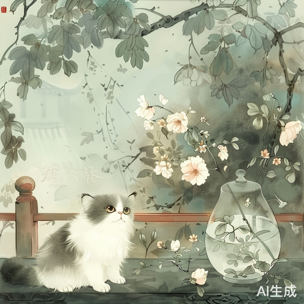 现实主义风格的布偶猫与花瓶花园景观