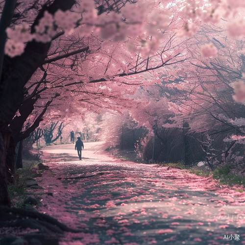 湖边樱花林的梦幻世界