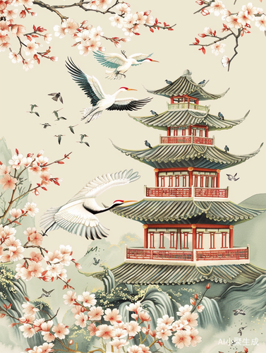 艺术之春：古典楼阁与仙鹤的和谐共存