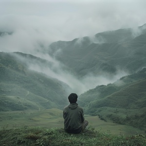 A young Asian man sitting alone on a mountainside overlooking a misty valley. The background is a blend of lush green hills and white mist, creating an ethereal and melancholic atmosphere. The man's clothing is modern yet simple, and his expression reflects a deep sadness and resignation.