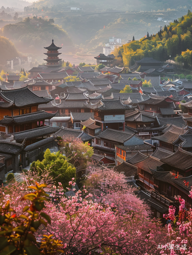 烂漫唯美的古城风景：鸟瞰图与超现实华丽光效