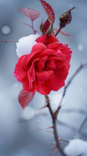 碧雪覆盖的冬日，一朵绽放的红色玫瑰在飘雪中显得异常鲜艳。红茶色的花瓣如丝绒般柔软，雪花点缀其中，犹如珍珠镶嵌在羽绒上。细长的枝条顺势倾斜，抵挡着寒风的侵袭。玫瑰的香气在白雪的衬托下显得更加浓郁，如同一颗珍珠般璀璨，恰似冬日里的温暖希望。