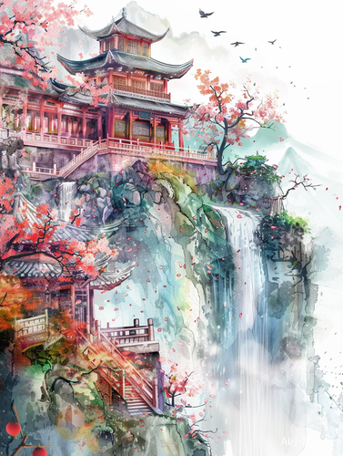 Ancient Chinese Architecture: Majestic Watercolor Painting