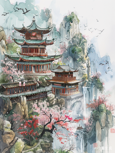 Ancient Chinese Architecture: Majestic Watercolor Painting