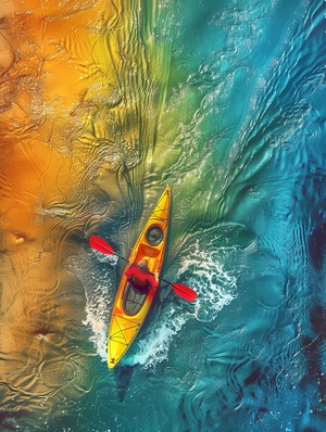 a kayak in the water, in the style of optical color mixing, aerial view, rainbowcore, national geographic photo, 8k resolution, crayon art, interactive artwork#midjourney关键词 #midjourney #Ai绘画 #配色分