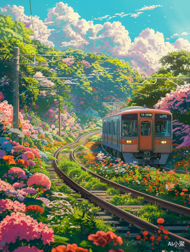 Dreamlike Cartoon Metro Surrounded by Flowers