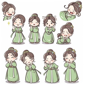 Little girl, green hanbok, classical and delicate, bust, chibi, 9 poses and expressions, emoticons [dizzyhappy, angry, crying, sad, cute, expectant, laughing, disappointed and shy, sleepy, eating, dizzyexpressing love, etc,l, line art, sticker art, white background niji 5 s 750 ar 1:1