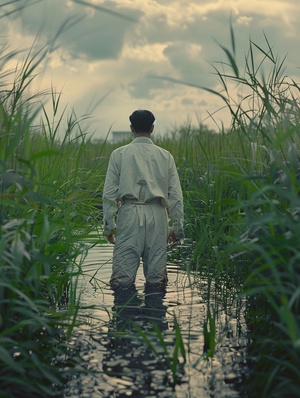 A man standing in water near green grass, in the style of song dynasty, experimental cinematography, hiroshi nagai, white, grandma moses, alejandro jodorowsky, refined elegance ar 7:3 v 5