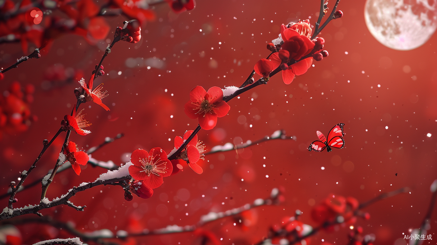 红色的梅花、蝴蝶与月亮下雪