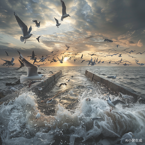 Seagulls Flying Over Calm Ocean at Sunset