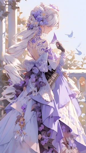 a very beautiful flower dress in the background, in the style of vibrant manga, multi-layered compositions, elaborate costumes, multilayered realism, white and purple, birds & flowers, anime art ar 87:125