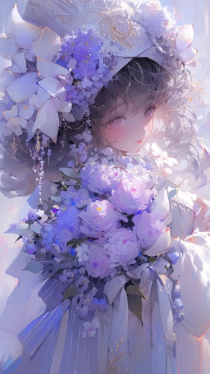 a very beautiful flower dress in the background, in the style of vibrant manga, multi-layered compositions, elaborate costumes, multilayered realism, white and purple, birds & flowers, anime art ar 87:125