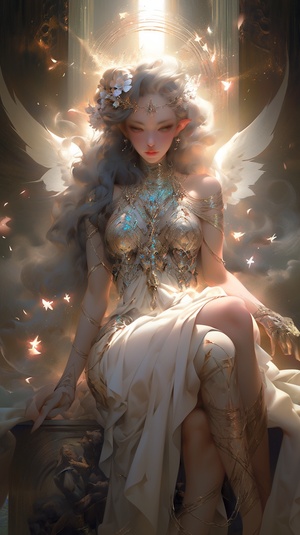 full body closeup of a gorgeous cute female fallen angel, flirty sorcerer, diamonds, fallen angel, fantasy, dramatic lighting, highly detailed, digital painting, holding rococo electricity, magic the gathering, hyper detailed, 3 d render, hyper realistic detailed portrait, peter mohrbacher, wlop, ruan jia, watercolored pencil, ar 9:16 v 5.1