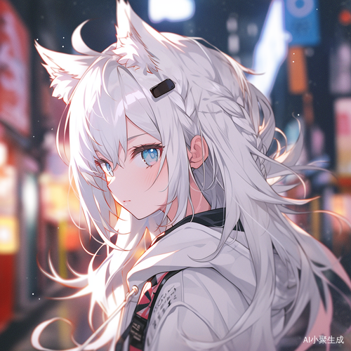猫娘白发蓝眼大街背景